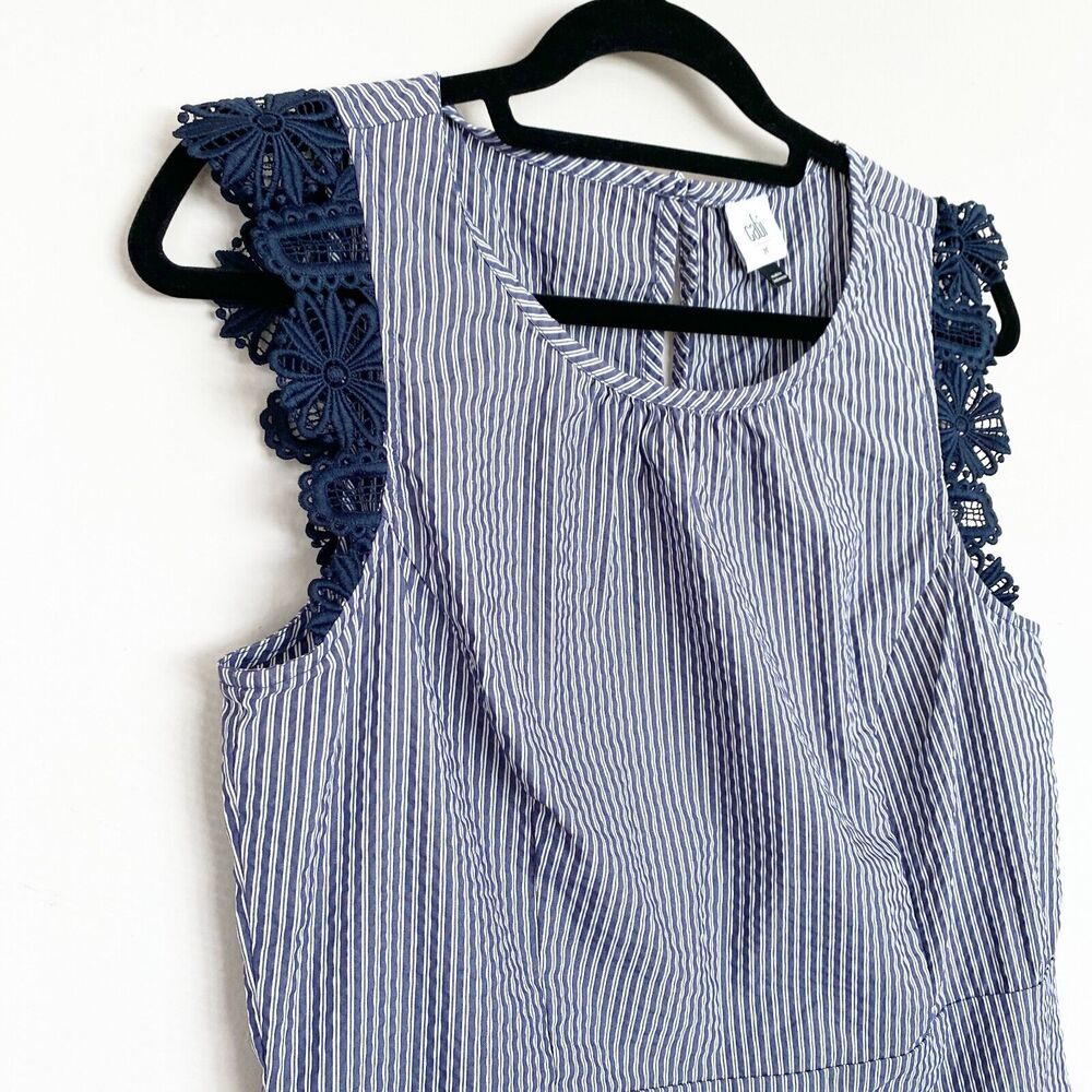 Cabi Blouse Top Women's Size M Navy Blue Striped Lace Ruffle Sleeve Cotton - Picture 5 of 8